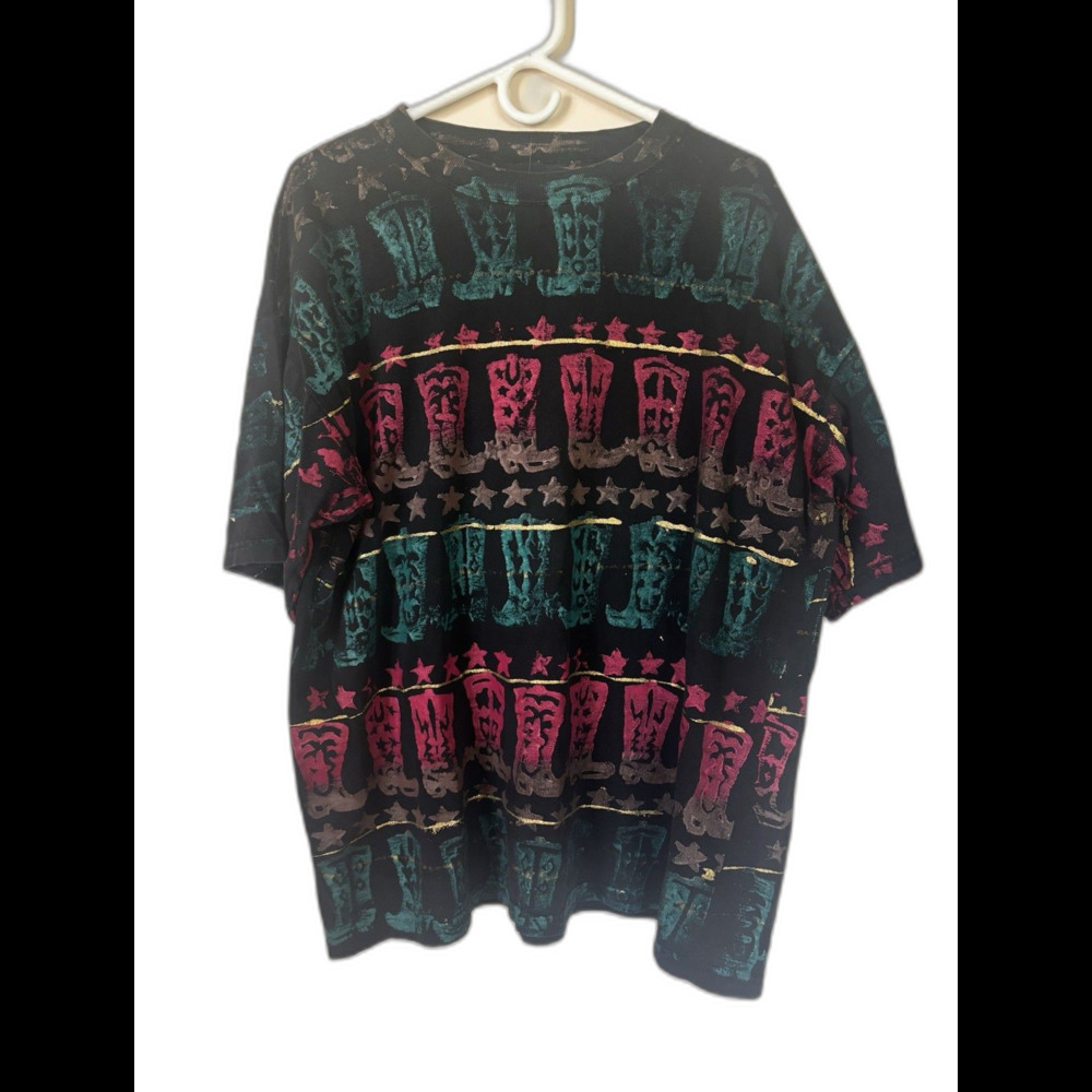 Vtg Western AOP Tshirt Cowboy Boots Single Stitch Art to Wear Retro Mens